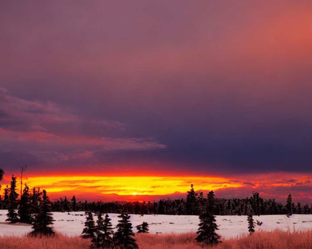 Vibrant orange and purple hues in fiery sunset over snow-covered landscape