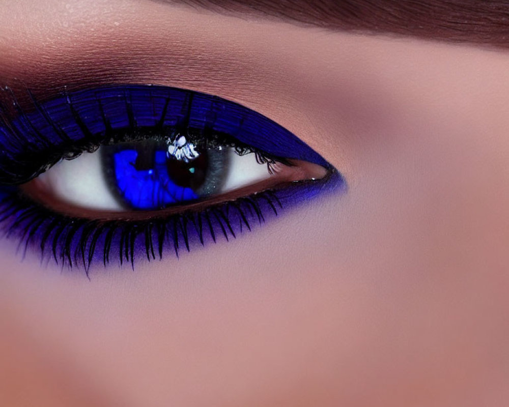 Detailed Close-Up of Vibrant Blue Eyeshadow and Eyeliner Makeup Artistry