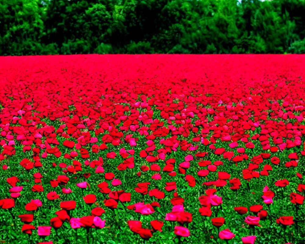 Lush Red Poppies Field with Trees and Cloudy Sky