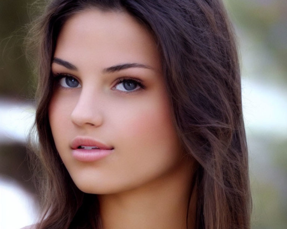 Portrait of young woman with long brown hair and hazel eyes