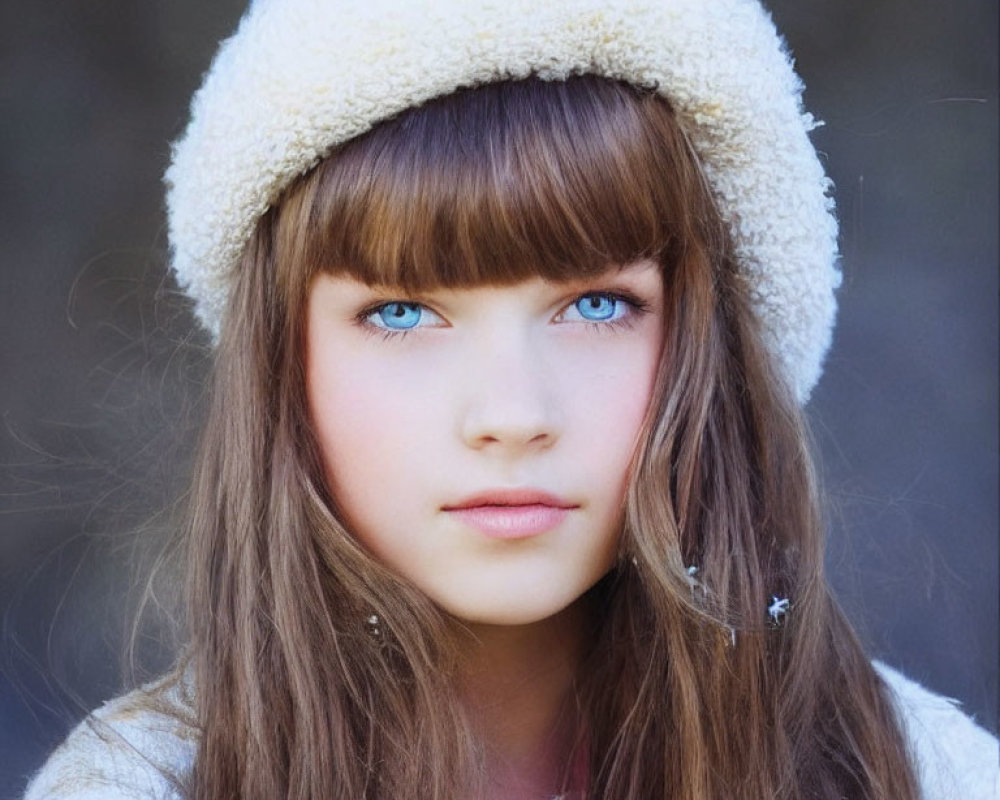 Young girl with blue eyes and brown hair in white fuzzy hat.