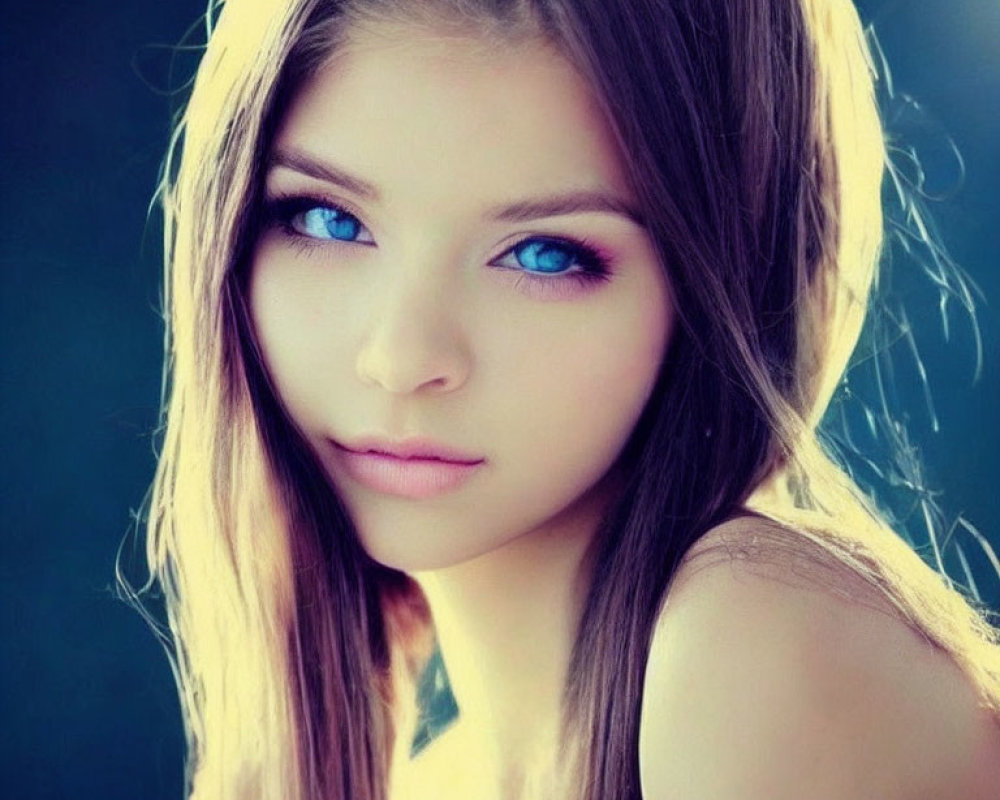 Close-up portrait of woman with striking blue eyes and long brown hair