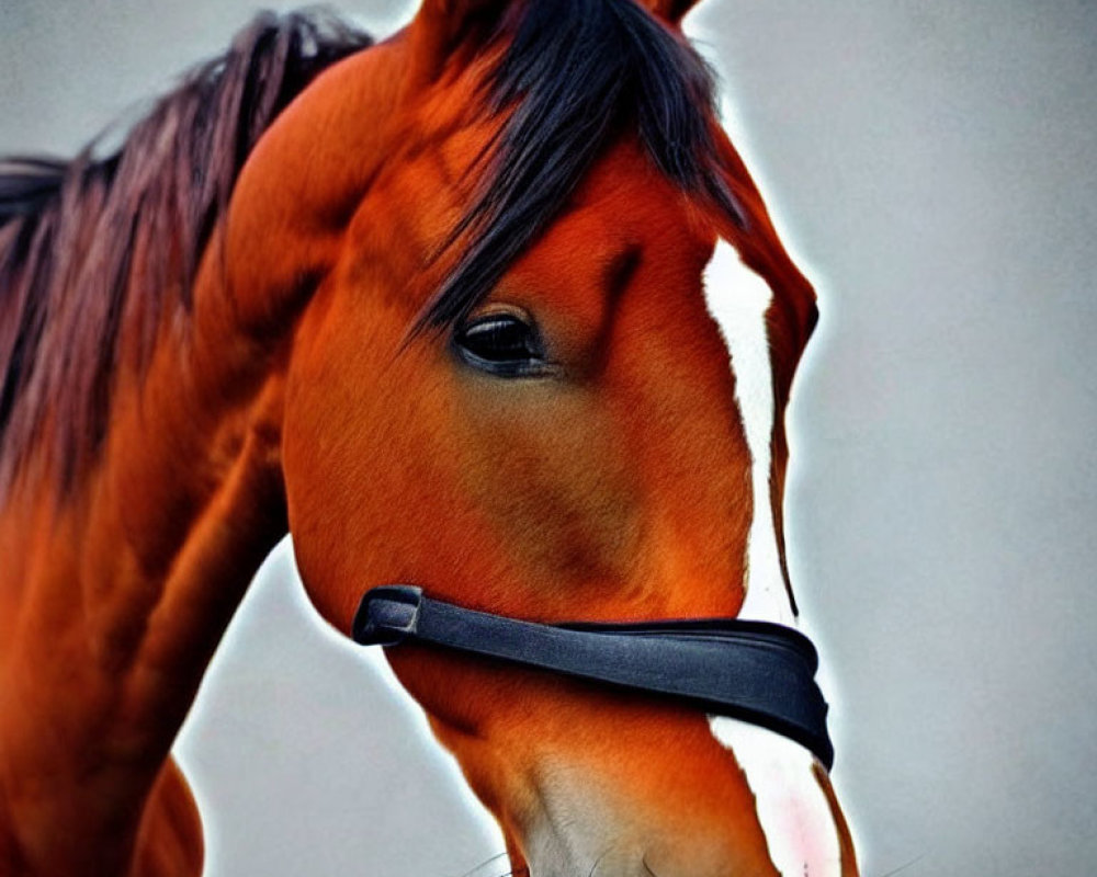 Chestnut horse with dark mane in halter against grey background