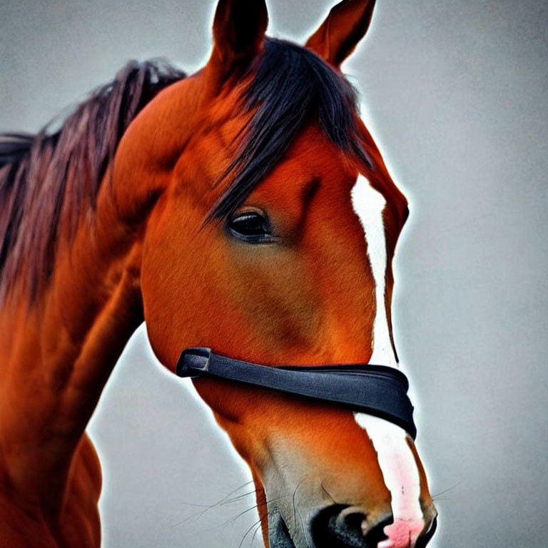 Chestnut horse with dark mane in halter against grey background