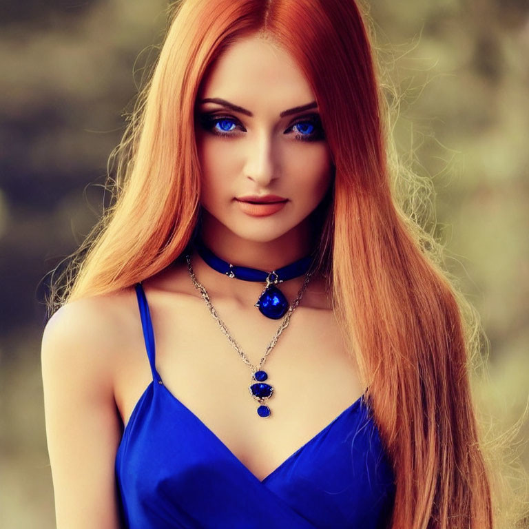 Red-haired woman in blue dress with matching accessories