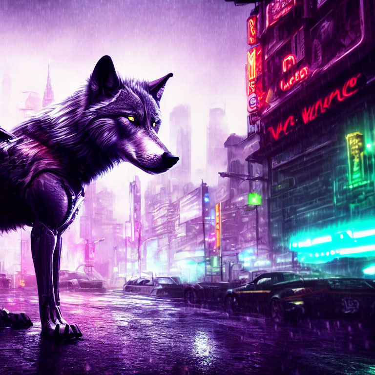 Neon-lit city street scene with wolf under purple sky
