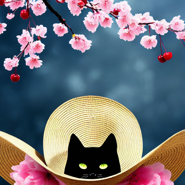 Black Cat with Green Eyes Peeking from Straw Hat Among Cherry Blossoms