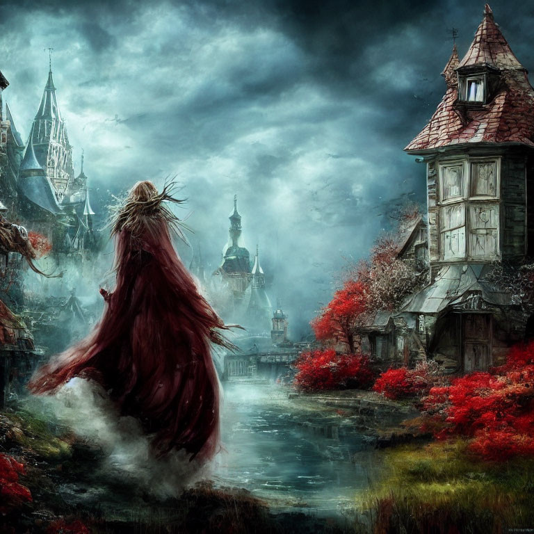 Woman in Red Cloak Stands Before Misty Medieval Village