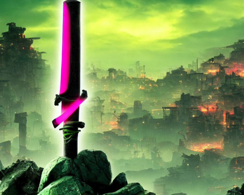 Pink glowing sword in rocks with futuristic city backdrop.