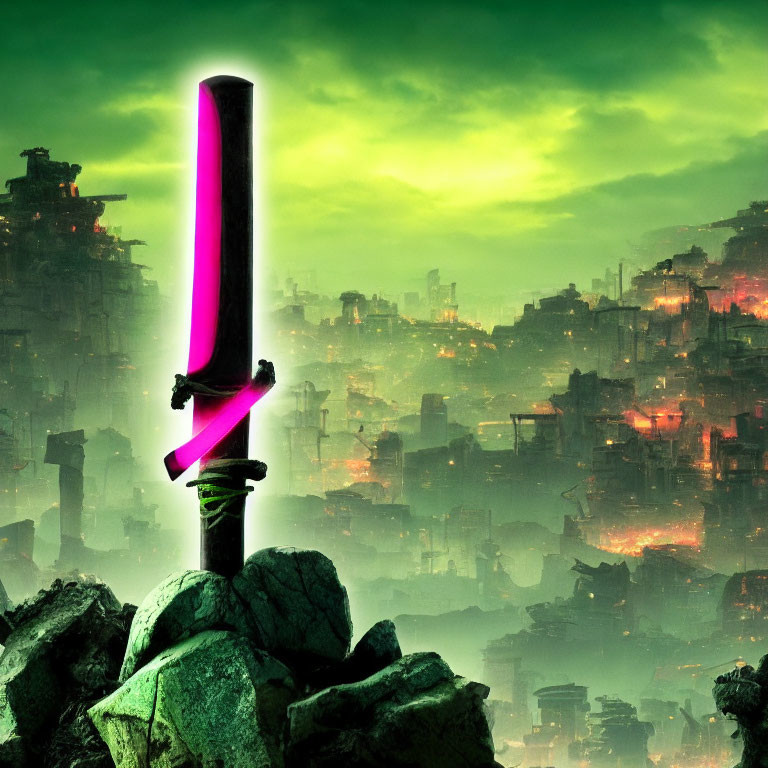 Pink glowing sword in rocks with futuristic city backdrop.