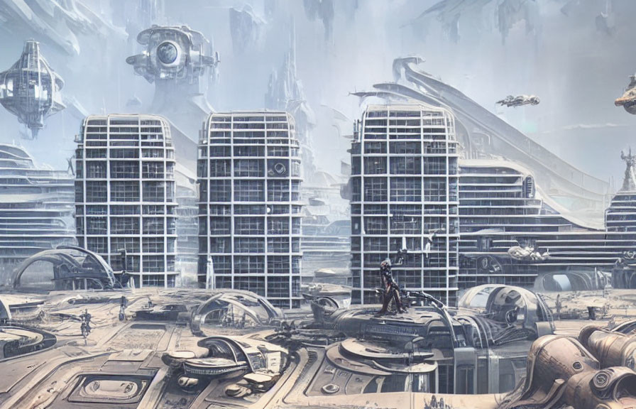 Futuristic cityscape with towering buildings and flying vehicles