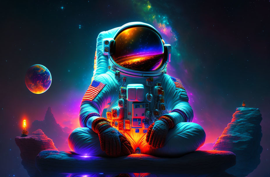 Astronaut in Space with Nebulae and Planets Background