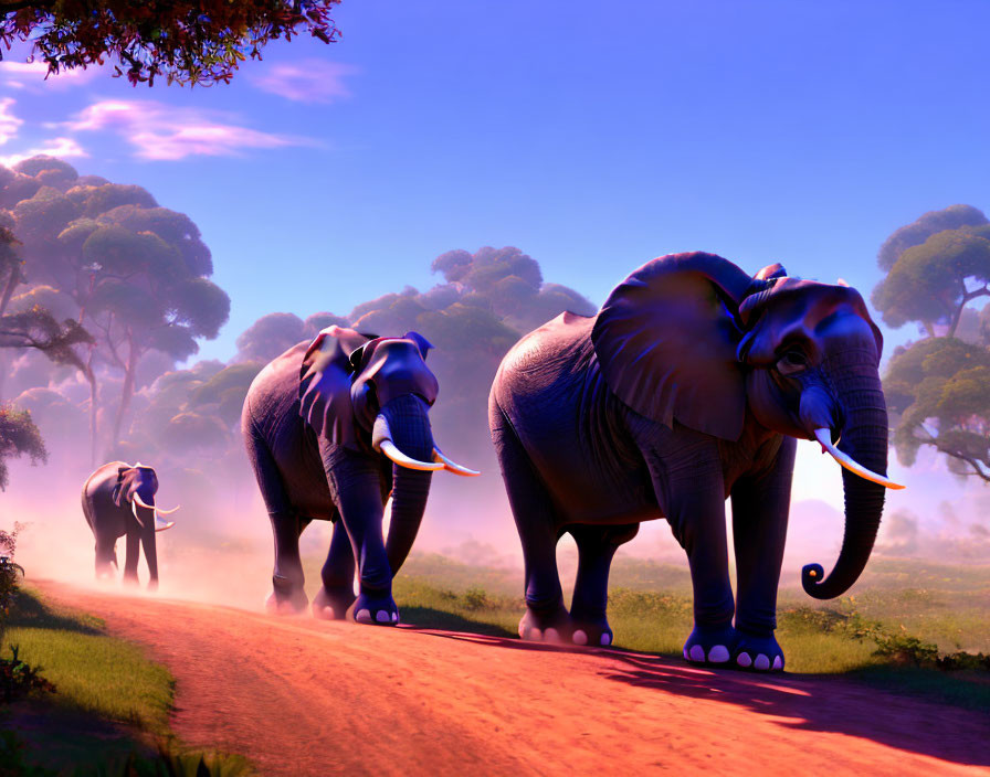 Colorful Family of Elephants Walking in Forest Scene