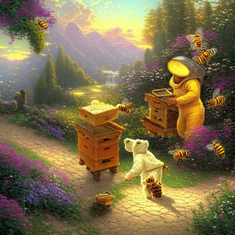 Fantastical image of large bees, bear in beekeeping gear, lush landscape with golden sunset