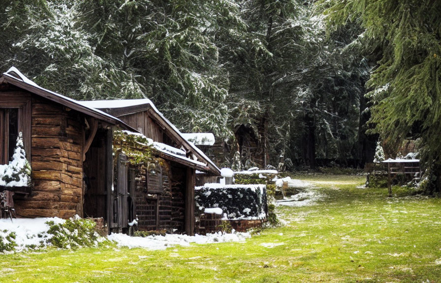 Snowy roofed wooden cabin nestled in snowy forest