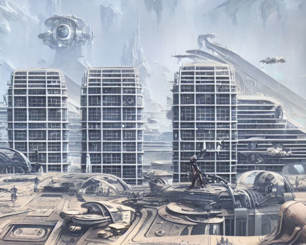 Futuristic cityscape with towering buildings and flying vehicles