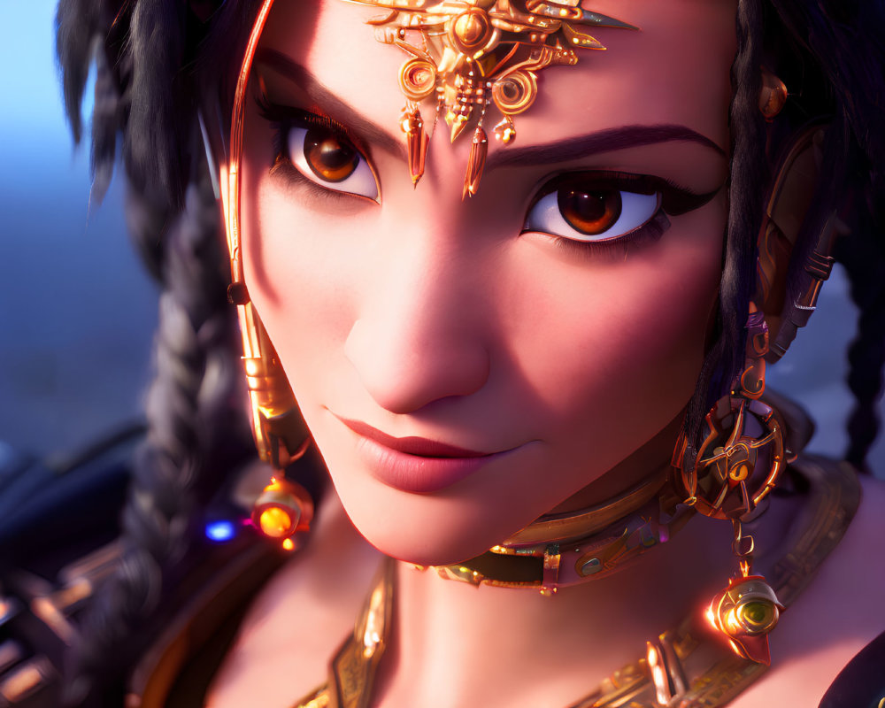 Detailed 3D animated woman with gold jewelry and braided hair