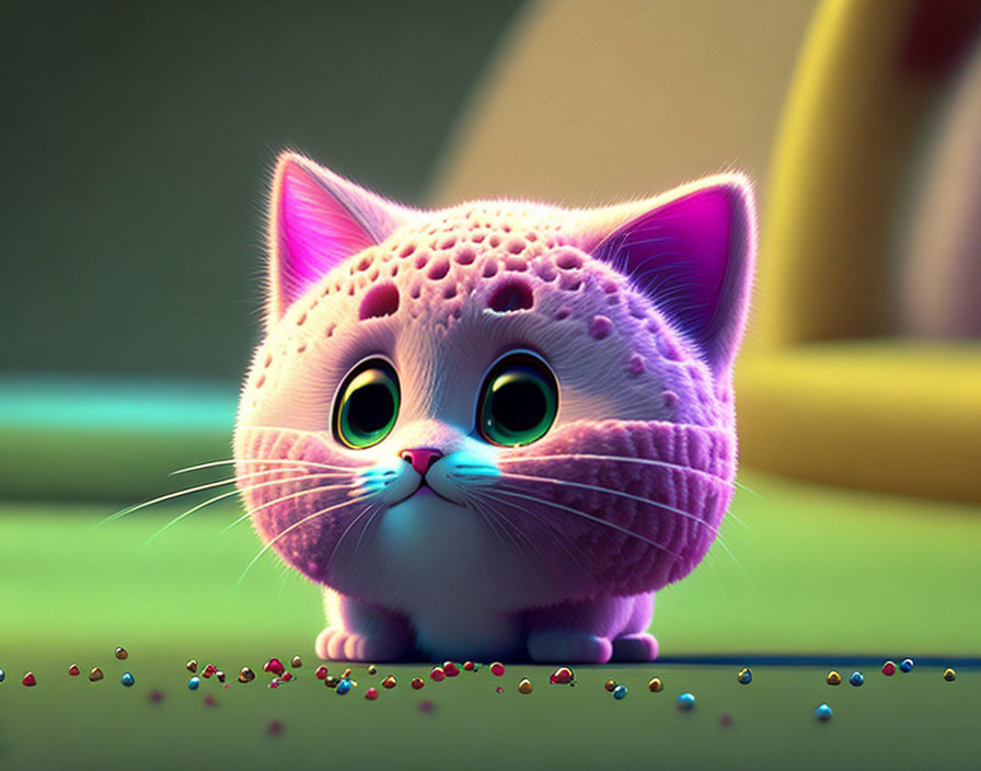 Detailed 3D-rendered pink and white kitten with colorful balls