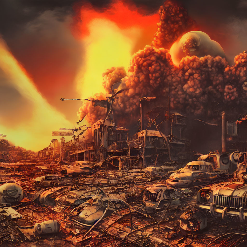 Destroyed cars, flaming debris, and dark skies in a post-apocalyptic city