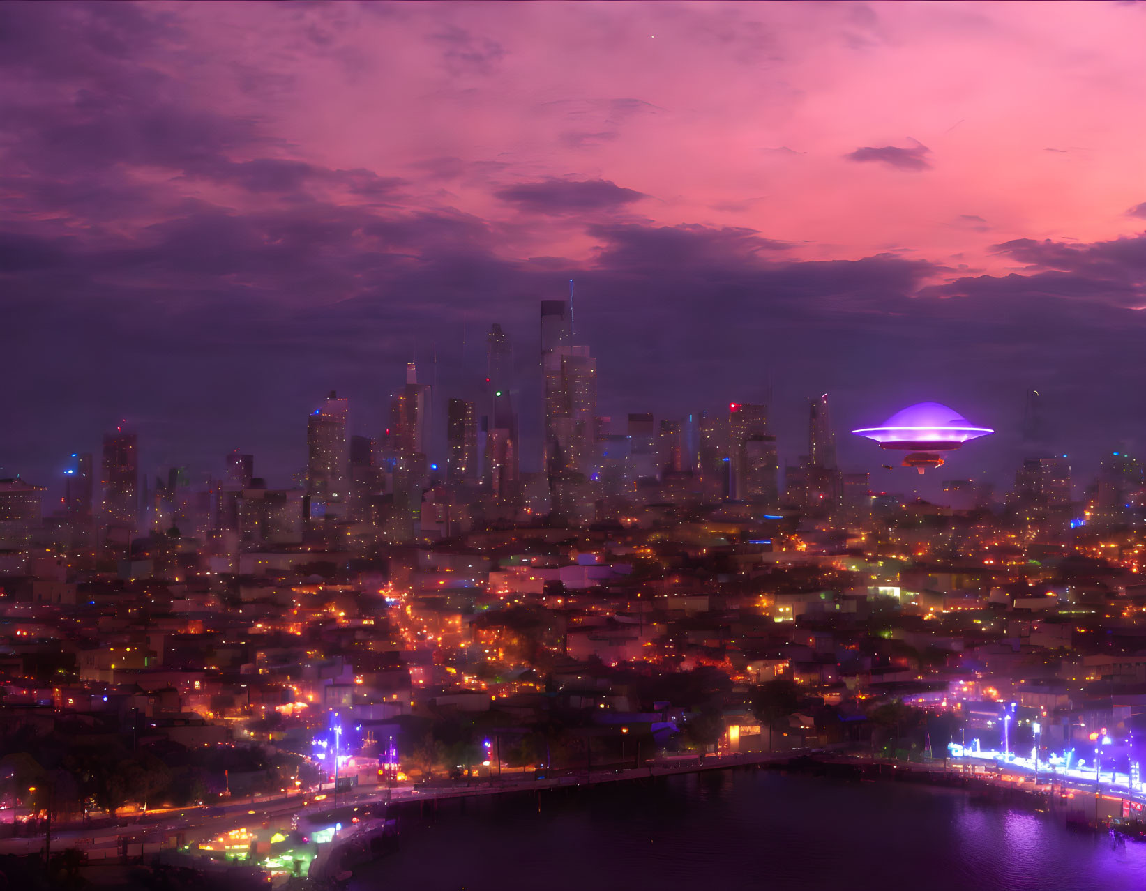 Cityscape at Dusk: Purple Sky, Illuminated Buildings, Futuristic Flying Saucer