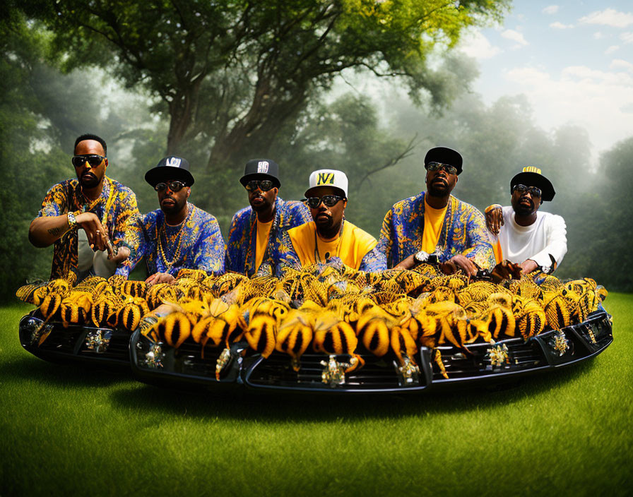 Six Men in Matching African Print Shirts Posed on Car Hood in Green Environment