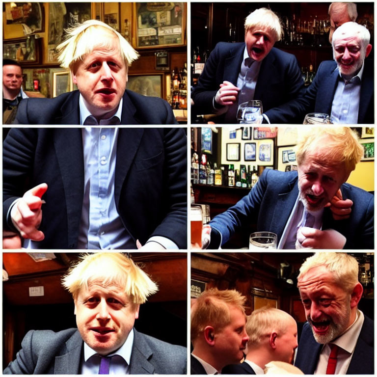 Four-photo collage of two men in pub conversation and laughter, featuring messy blond hair.