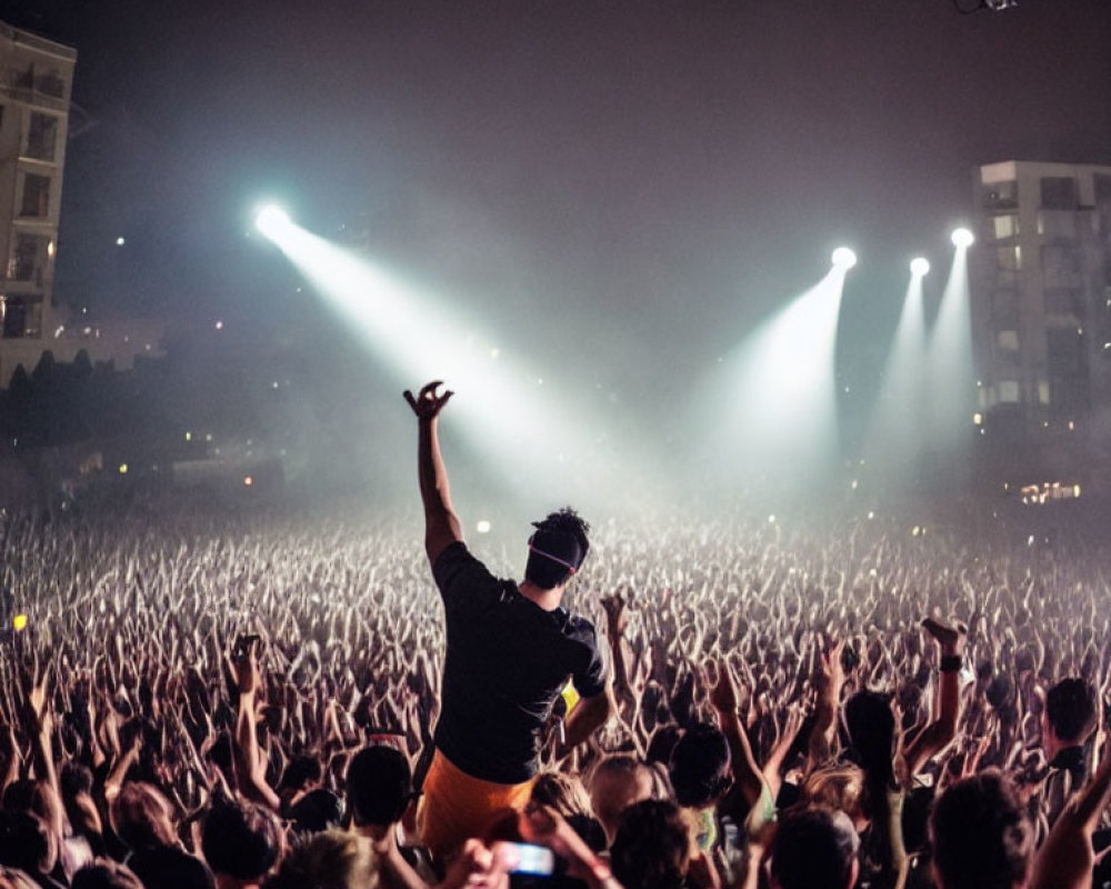 Performer on Stage with Raised Arms and Cheering Crowd at Night