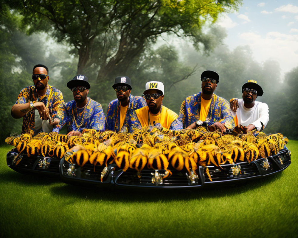 Six Men in Matching African Print Shirts Posed on Car Hood in Green Environment