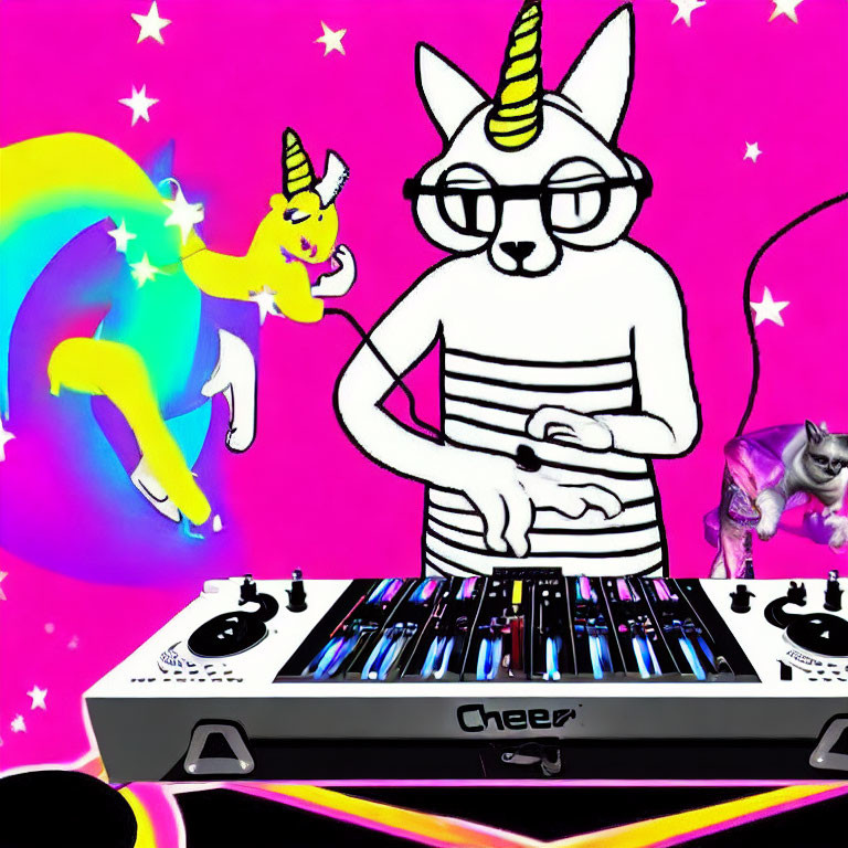 Cat in glasses DJs on mixer with unicorns and stars on pink background