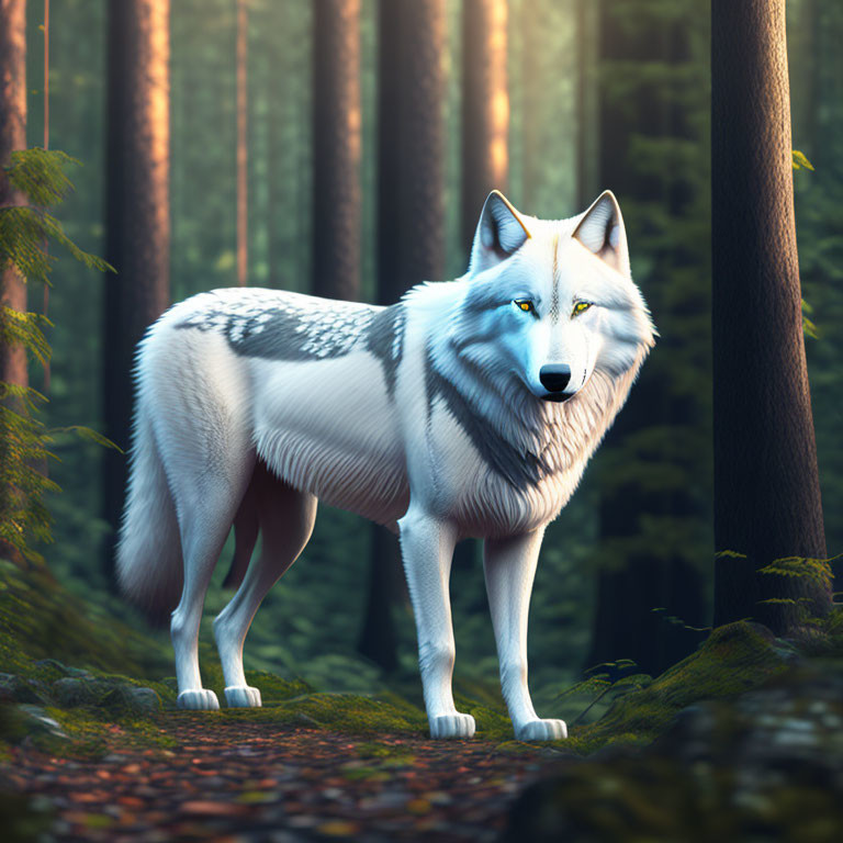 White Wolf Standing on Forest Path in Soft Sunlight