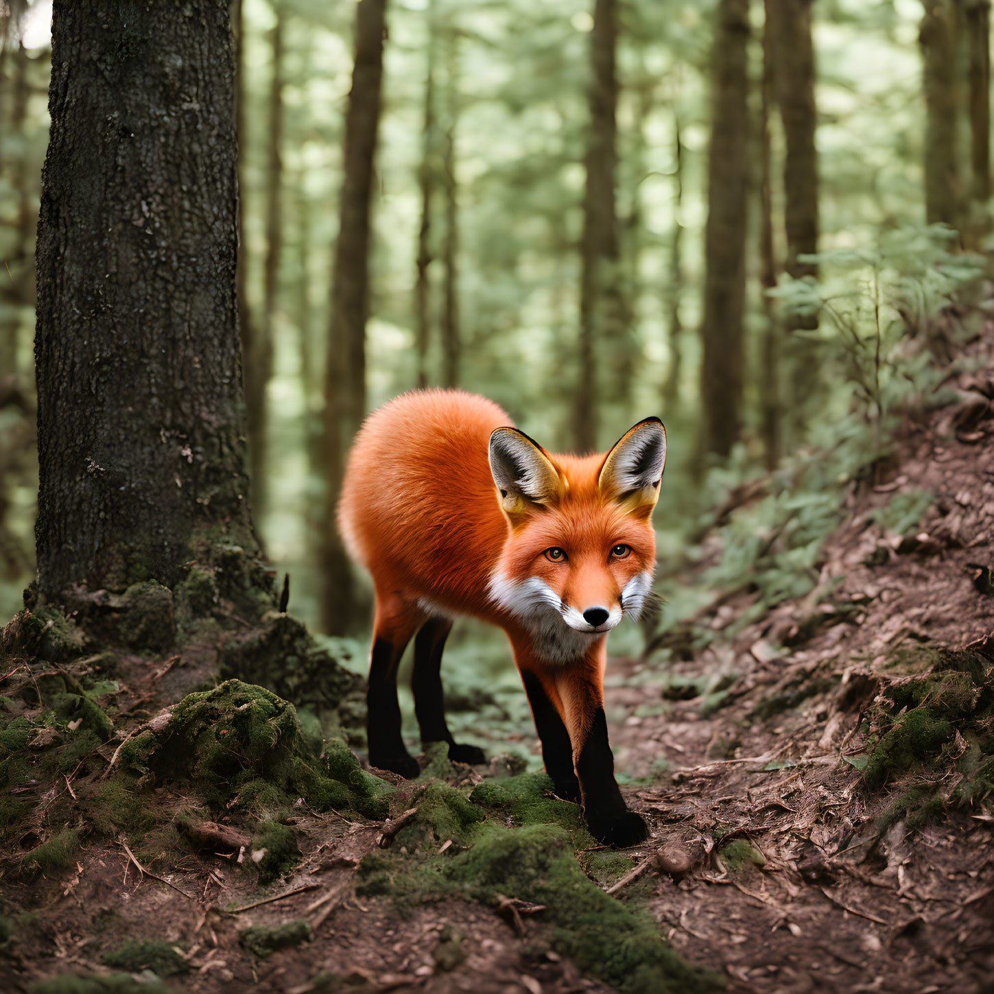 Orange Fox in Dense Forest Surrounded by Greenery