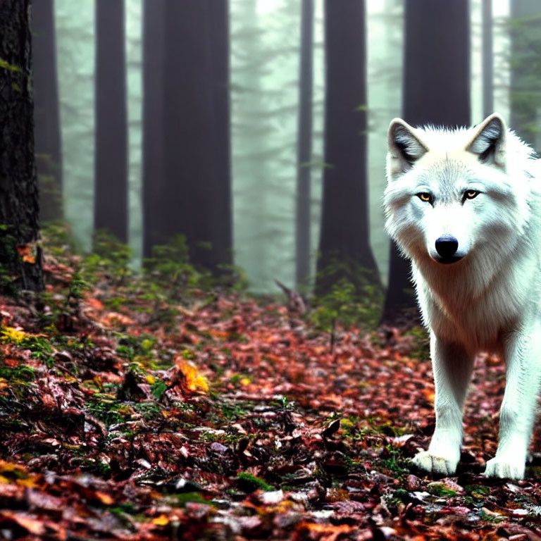 White Wolf in Misty Forest with Autumn Leaves and Dark Trees