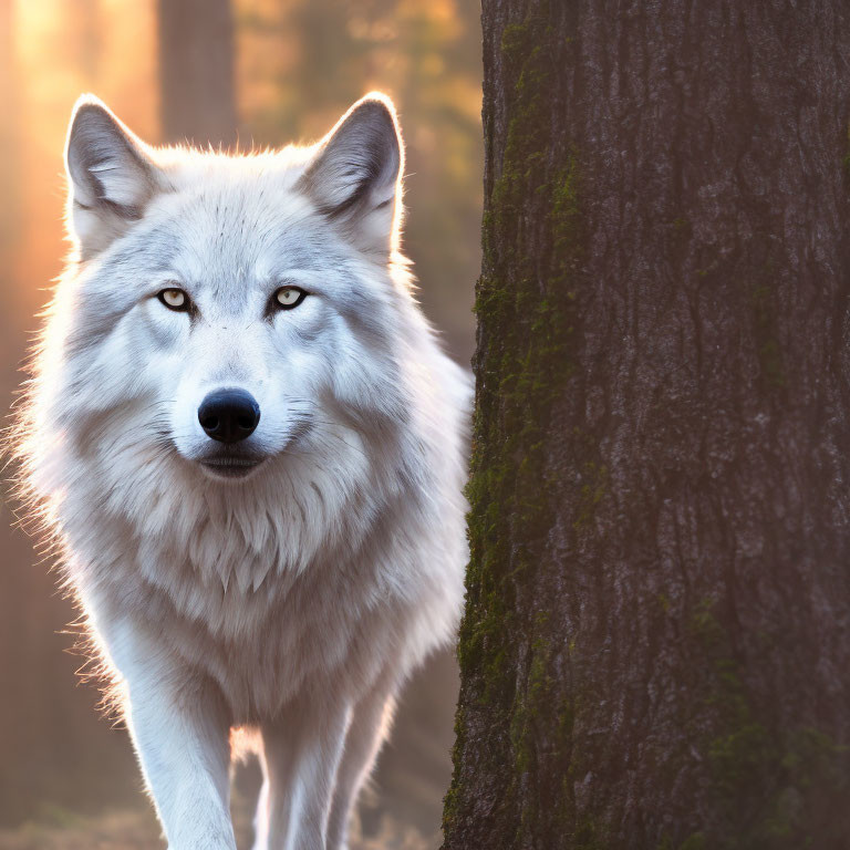 White wolf in forest with sunlit fur