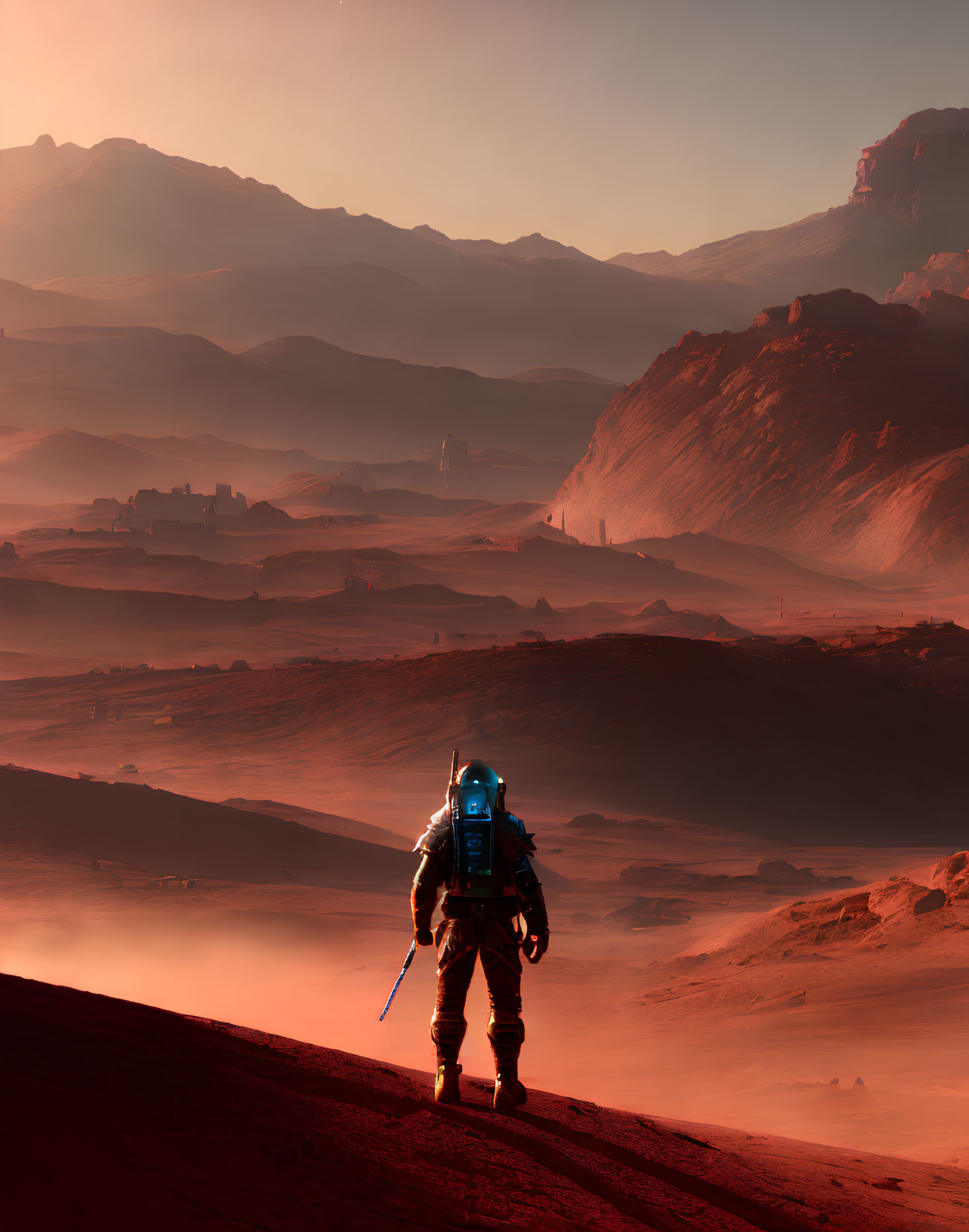 Astronaut exploring rocky Mars-like planet landscape