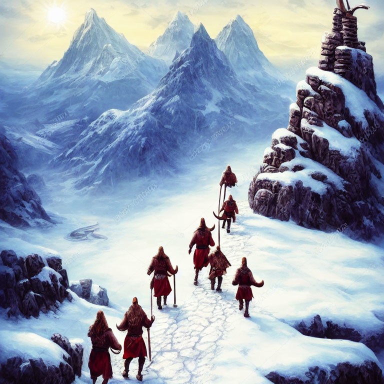 Adventurers in cloaks trek snowy mountain path under hazy sky