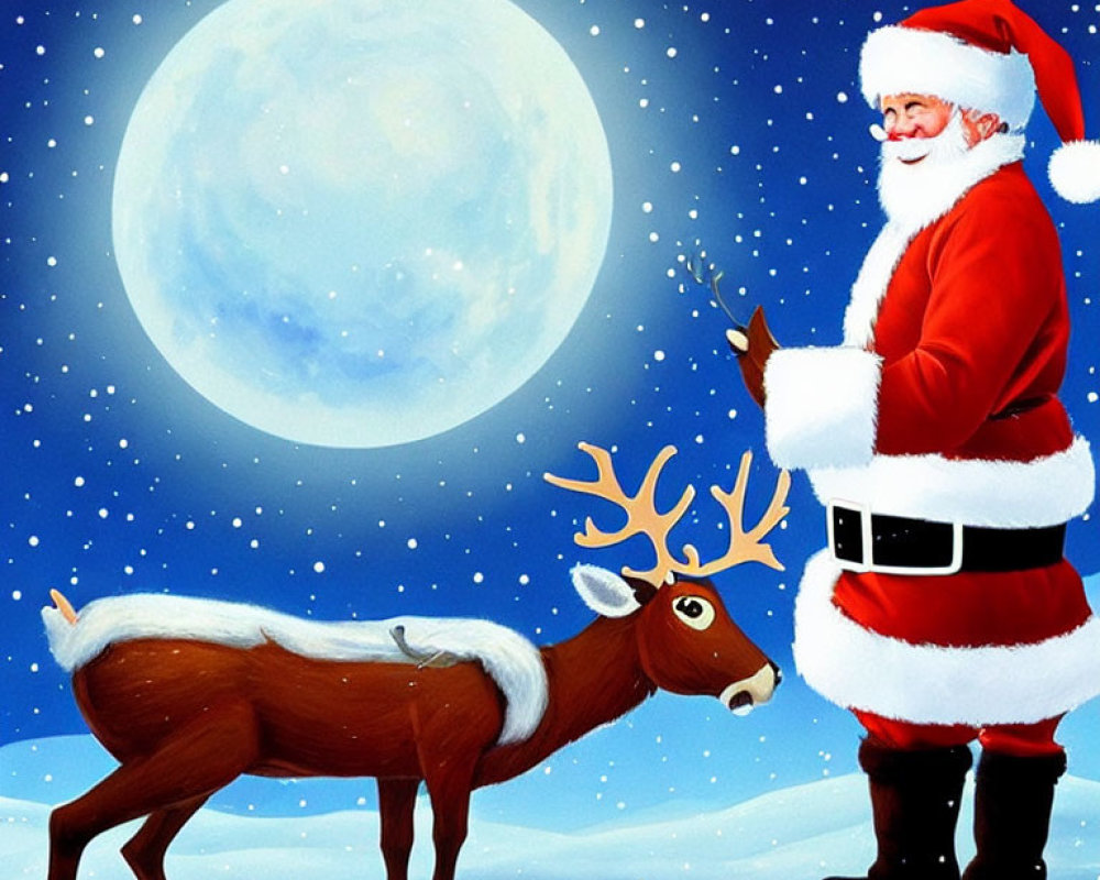 Santa Claus with bell and reindeer under full moon in snowy night