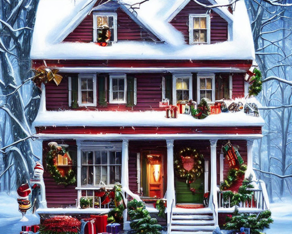 Snow-covered two-story house with Christmas decorations in wintry landscape