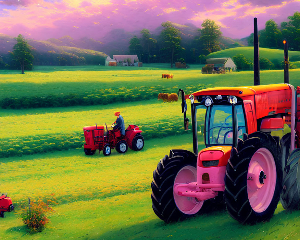 Vibrant rural illustration with farmer, tractor, cattle, farmhouse, and sunset.