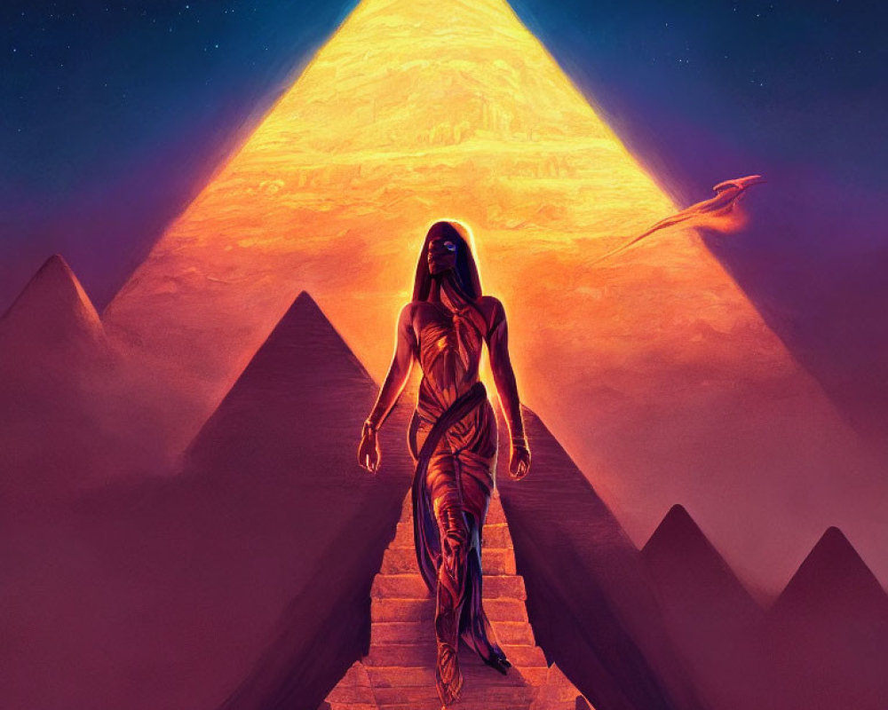 Mystical figure on staircase near glowing pyramid under starry sky