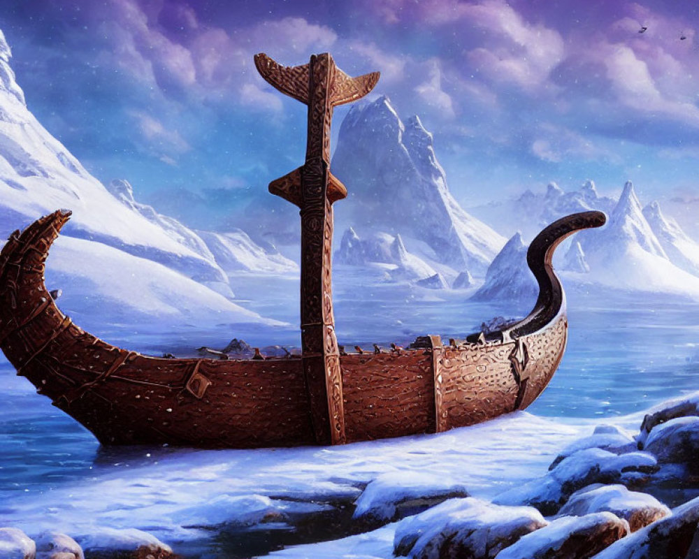 Viking longship stranded on snowy shore with icy waters and mountains