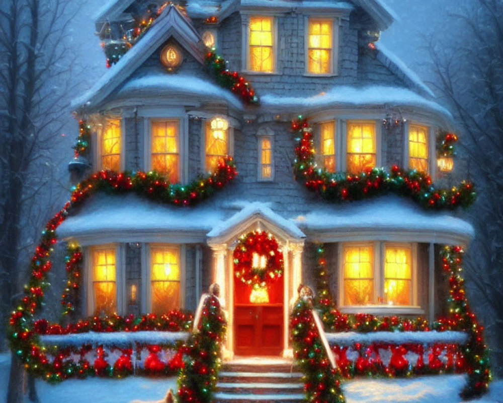 Snowy Landscape: Festive Decorated Two-Story House with Dog