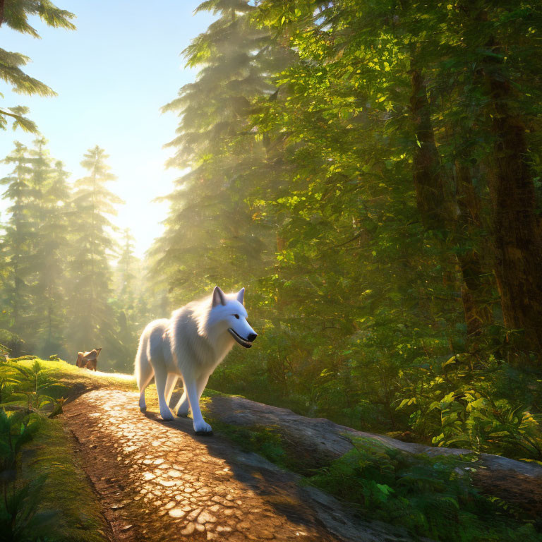 White Wolf Standing on Forest Pathway in Warm Sunlight