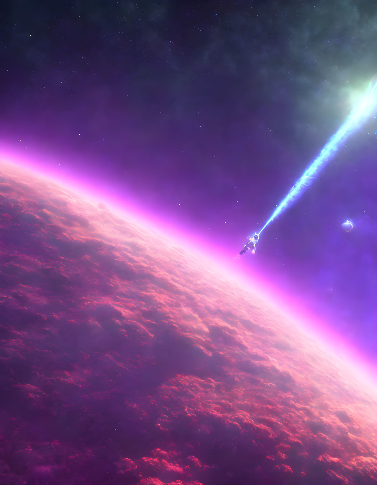 Vibrant space scene with pink planet, spaceship, and celestial bodies