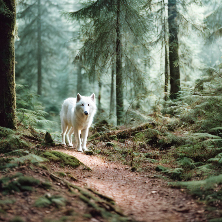 White wolf in forest trail with tall coniferous trees and green ferns