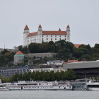 Monochrome illustration of grand castle on hill with carriages