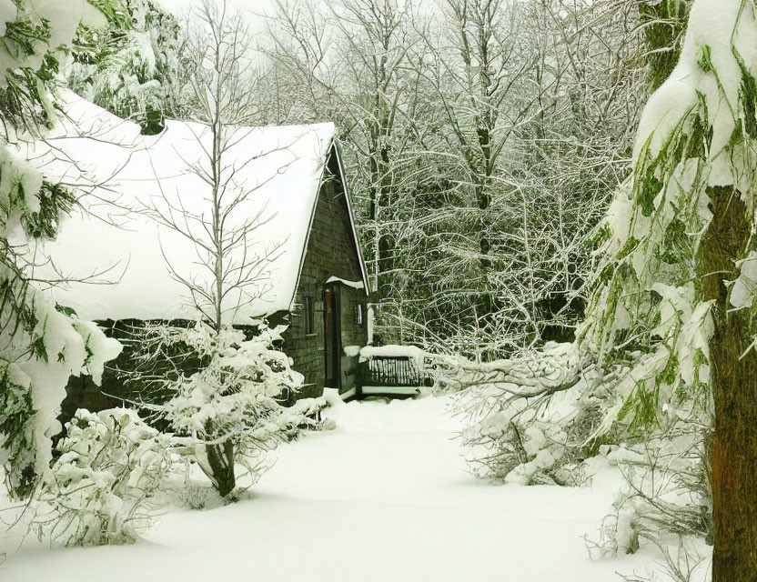 Snow-covered forest cabin in winter scene