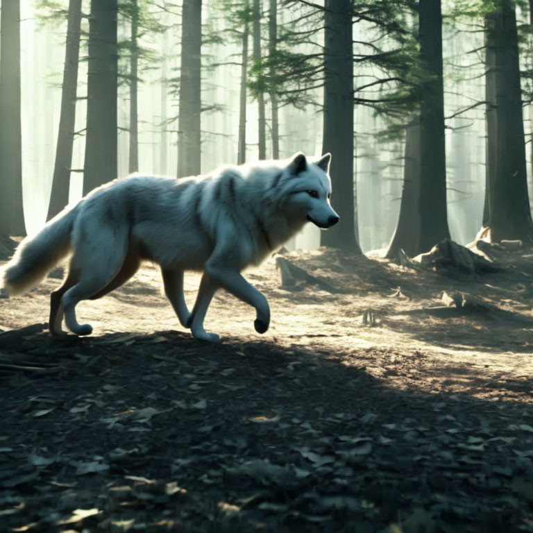 Misty Forest Scene: White Wolf Trotting Amid Sunbeams