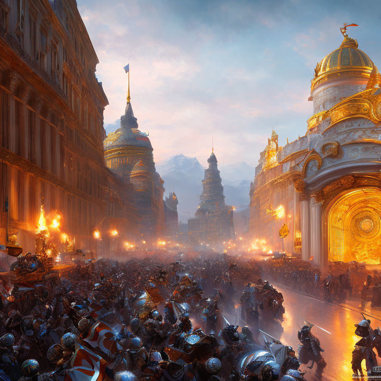 Fantastical battle scene in city street with soldiers, golden domes, and fiery explosions