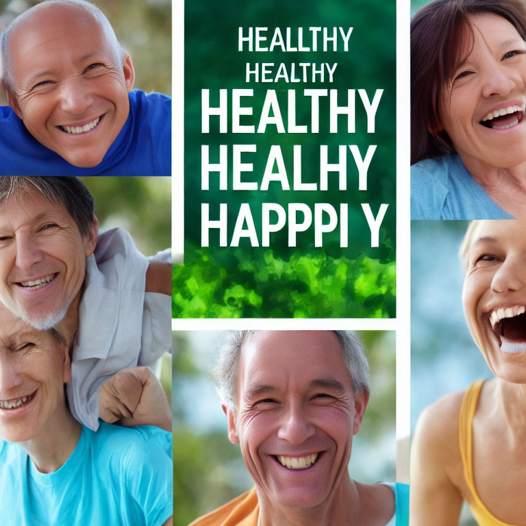 Smiling older adults in collage with "HEALTHY" and "HAPPY" words