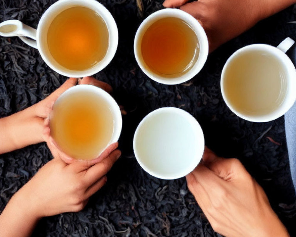 Four hands holding cups with varying tea levels on loose tea leaf backdrop